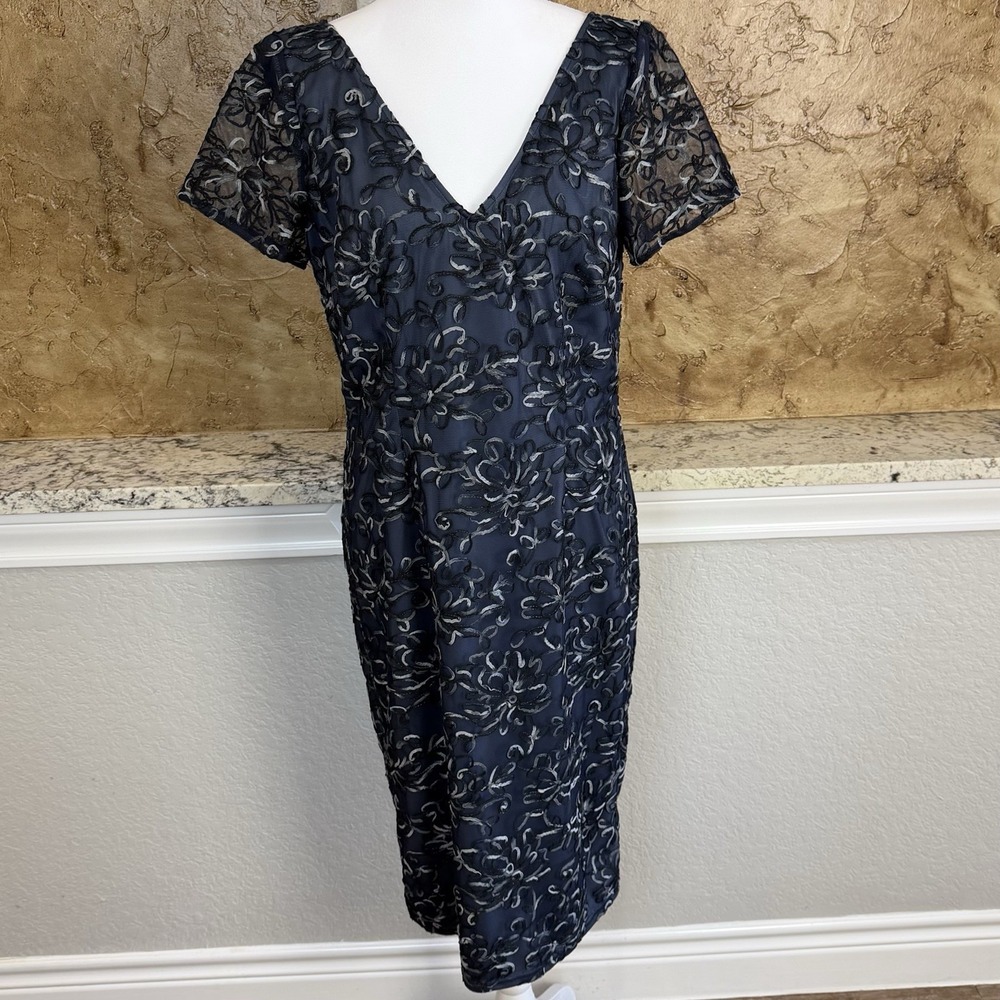 JS Collections Sheath Midi Dress Women 10 Blue Floral Embroidered Mesh Cocktail